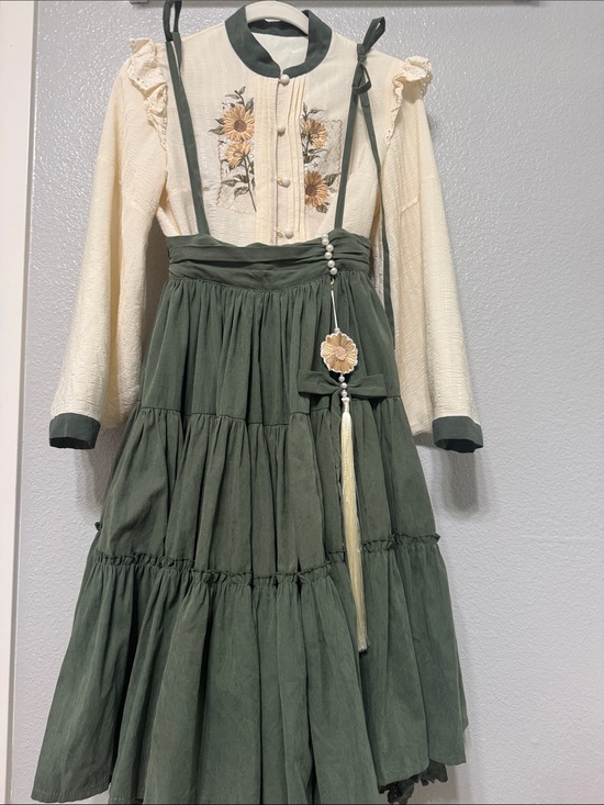 Your Princess Dresses & Skirts - Cream & Olive Floral Embroidered Long Sleeve Dress with Suspender Skirt